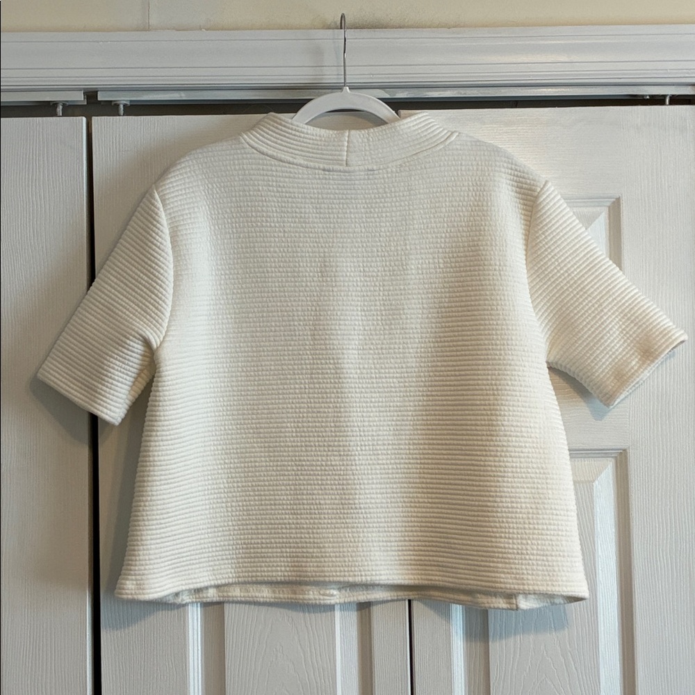 French Connection Winter White Wide Ribbed Short Sleeve Knit Sweater Top - Picture 5 of 9